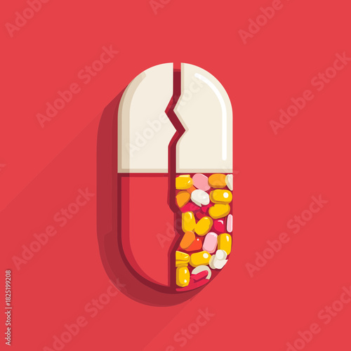 A cracked pill capsule filled with medicine against red background
