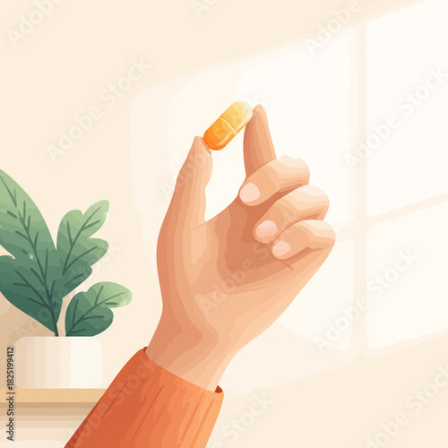 A hand holding an orange pill for healthcare treatment