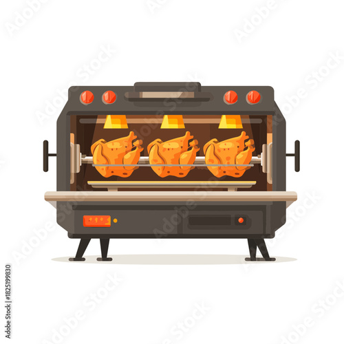 A rotisserie oven cooking roasted chicken in a flat vector design