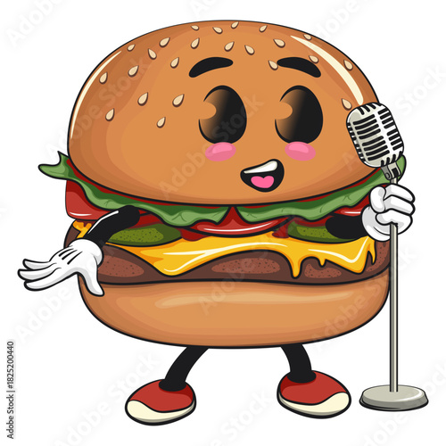 cute burger mascot character on front of the mic, happy cartoon burger vector illustration, work of hand drawn