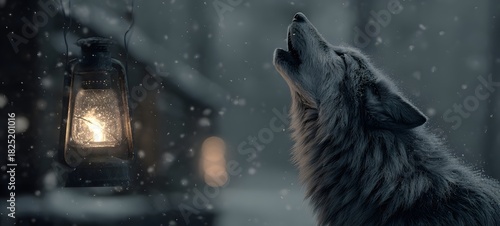 Wolf howls at lantern in snowy night