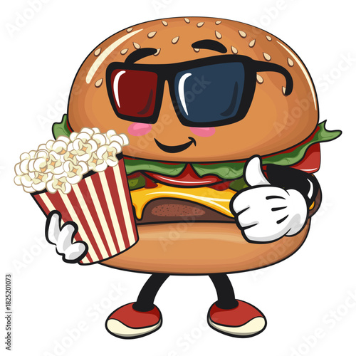 cute burger mascot character with a bucket of popcorn with wearing 3d glasses, happy cartoon burger vector illustration, work of hand drawn
