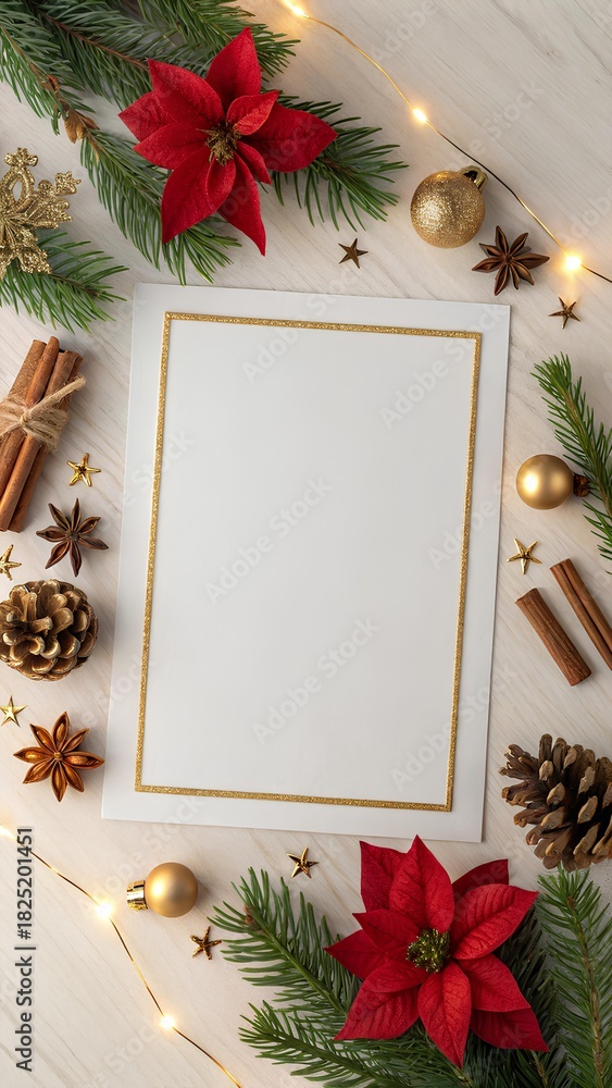 Obraz premium Modern Christmas flat lay with gold-bordered blank space, balanced pine sprigs, red poinsettias, matte gold ornaments, cinnamon, cones, and warm lights on textured paper over light wood