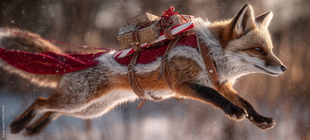 Fototapeta premium Fox Delivering Christmas Gifts in Snowy Wonderland