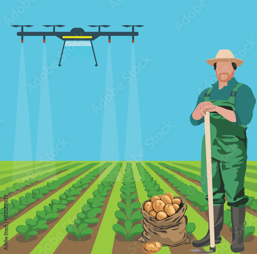 Drone spraying in farmland and happy farmer with cultivation vegetable. Farm with modern technology.