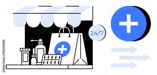 Pharmacy concept. Pharmacy supplies thumbs up medicines, prescriptions, and healthcare items with 247 availability and delivery icons. Pharmacy supporting health access. Ideal for healthcare