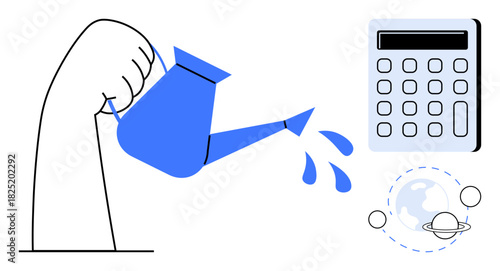 Hand pours water from can, drops flow near calculator and orbiting planet. Ideal for innovation, growth, planning, sustainability, global ideas, financial concepts creative problem-solving. Simple