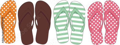 Flip-flop sandal vector set with polka dot, striped, and solid designs in colorful summer footwear fashion illustration for stock content