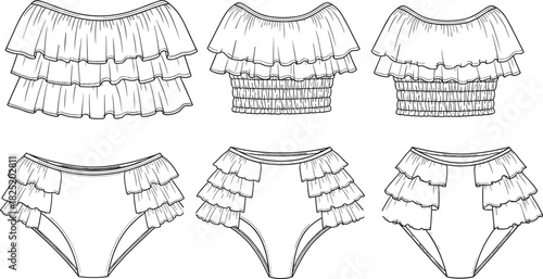 Ruffled bikini top and bottom fashion set with off-shoulder styles, layered frills, high waist swimwear design variations illustration