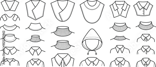 Set of 25 stylish fashion collar designs in black and white line art for sewing, costume, garment, and apparel illustration