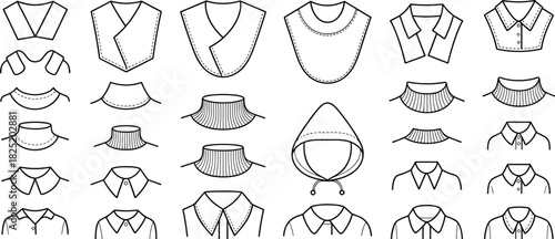 Large collection of twenty-four different fashion collar, neckline, and hood designs for garment pattern making, in black outline vector illustration set. (20 words)