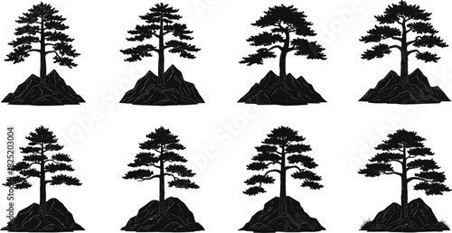 Silhouette pine trees on rocky terrain vector set, isolated forest landscape elements for nature, outdoor, wilderness, and adventure design