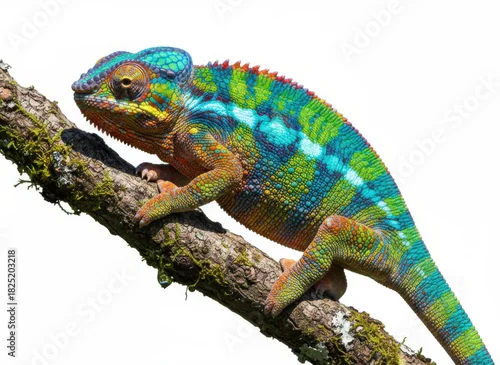 Obraz Vibrant Panther Chameleon on Mossy Branch Isolated on White Background