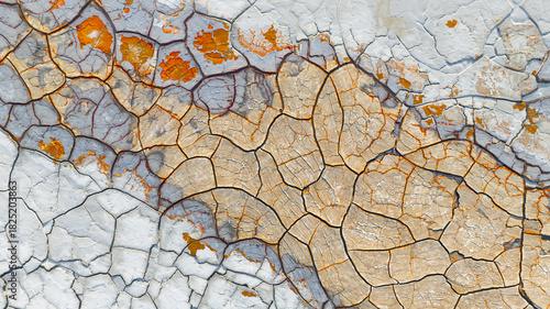 Aerial view of a cracked earth's parched canvas, where fiery orange fissures cut through a pale, ashen landscape, Ríotinto, Andalusia, Spain.