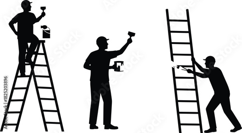 Silhouettes of painters using ladders and brushes in various positions while painting walls and tools in construction or renovation scenes