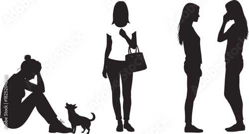Silhouette of people and dog in emotional scenes, showing distress, companionship, and interaction through expressive posture and body language