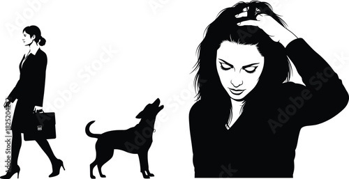 Silhouette of businesswoman walking, barking dog, and thoughtful woman expressing emotion, lifestyle contrast, and urban daily life concept illustration