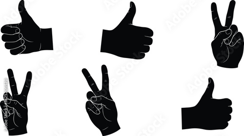 Black Silhouette Hands Showing Thumbs Up and Peace Sign Gestures for Communication, Approval, Agreement, Positivity, and Nonverbal Expression Vector