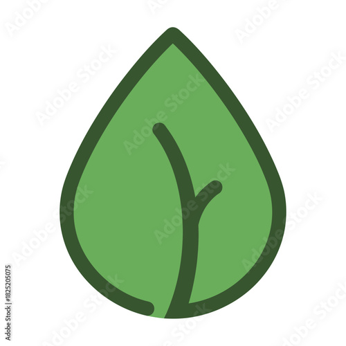 A simple, stylized green leaf with a dark outline and a single vein, representing nature.