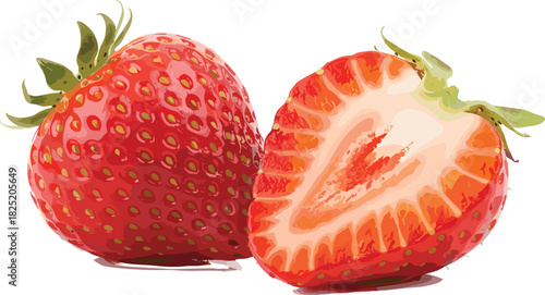 Realistic strawberry vector set with whole and sliced fruit, vibrant red color, juicy texture, healthy food, and culinary design.