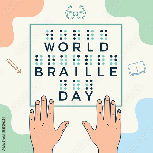 World Braille Day poster with hands reading a Braille board with decorative icons. Vector Illustration