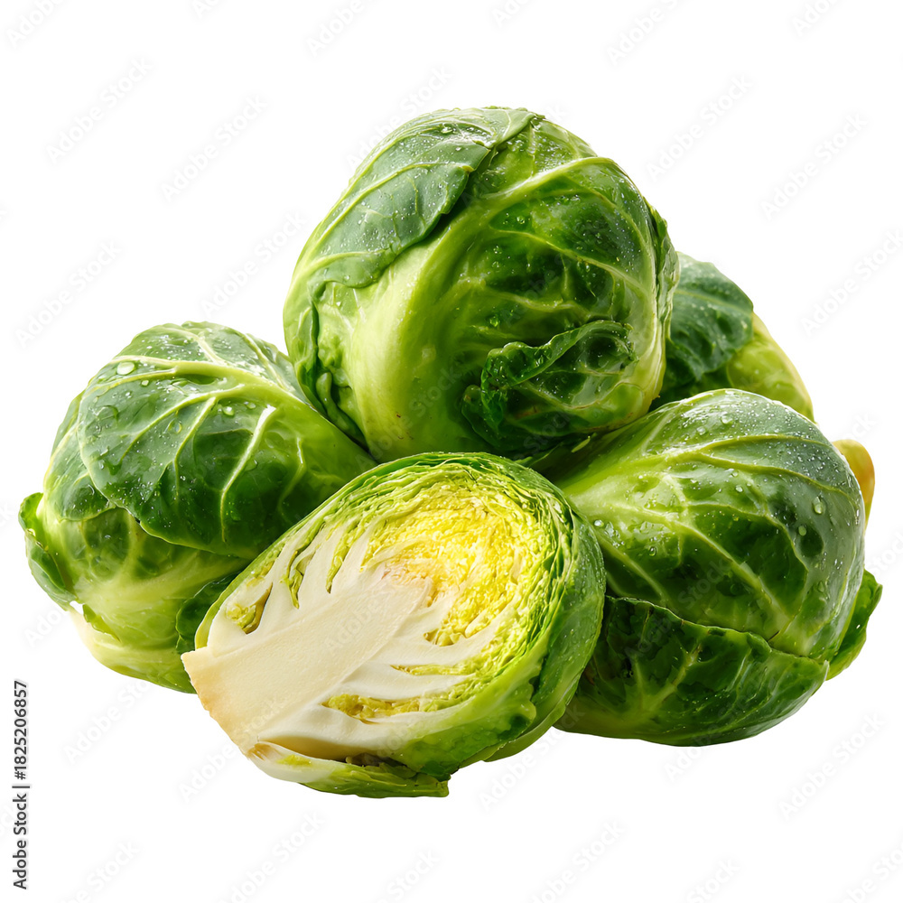 Fototapeta premium Fresh brussels sprouts pile isolated on white background one cut in half