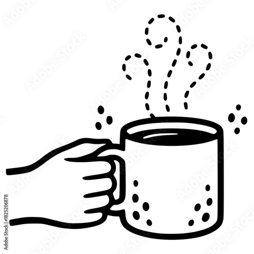 A simple hand-drawn line art illustration of a hand holding a warm, cozy mug of steaming coffee or tea, representing a comforting break