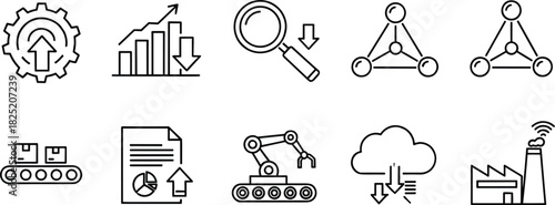 Industrial icons, manufacturing process, automation, data analysis, smart factory, cloud computing, system optimization, logistics, IoT, robotics, performance metrics, inspection