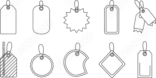 Creative tag shapes, label design elements, packaging tags, decorative labels, abstract tag templates, branding accessories, craft tags, printable tag set