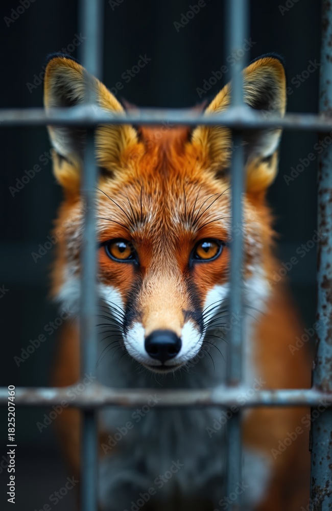 Naklejka premium Close up of red fox behind bars. Orange fur animal with piercing eyes stares through cage. Wild mammal in captivity. Fox locked. Zoo habitat for predator behind fence.