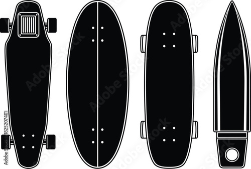 Skateboard deck silhouettes, longboard shapes, electric board outline, surf-inspired design, top view, isolated, vector style, black graphic, minimal