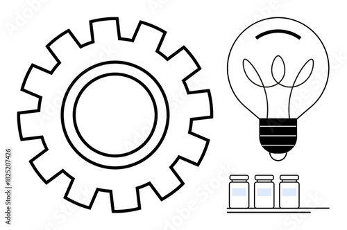 Gear for technology, light bulb for ideas, and test tubes for experiments. Ideal for innovation, creativity, research, productivity, science technology and education. Simple flat metaphor