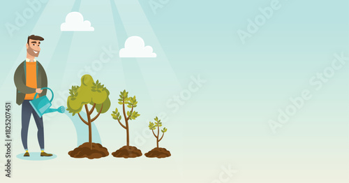 Caucasian business investor watering trees of three sizes business investor watering