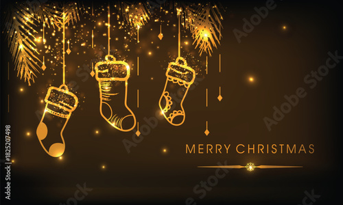 Christmas festival celebration with shiny golden hanging stockings and stylish wishing