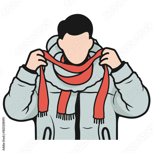 Man in Puffer Jacket Tying Scarf Cozy Winter Outfit Vector Illustration
