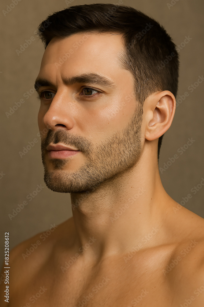 Obraz premium Close-up Portrait of a Groomed Western Male Model in Skincare and Aesthetic Beauty Photography