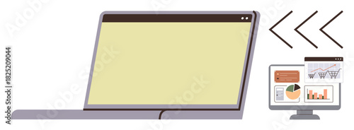 Open laptop transferring data to desktop screen, showing graphs, charts, and reports. Ideal for data sharing, teamwork, technology, workplace efficiency, cloud synchronization analytics simple flat