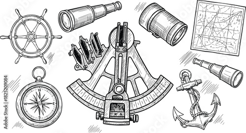 Vintage nautical instruments, maritime compass, ship wheel, sextant, anchor, telescopes, ocean navigation tools, antique map, sailor exploration gear
