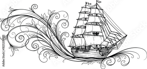 Vintage sailing ship sketch with ornate floral waves, nautical illustration, maritime art, ocean travel, ink drawing design