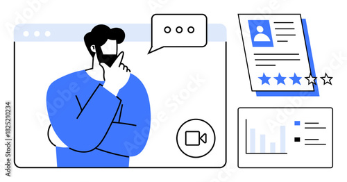 Person thinking during video call, analyzing candidate profile with ratings and reviewing charts. Ideal for recruitment, evaluation, analytics, decision-making, brainstorming, productivity, teamwork