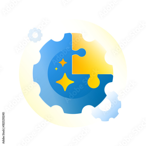 illustration featuring interlocking puzzle pieces forming gear with shining spark. represents innovation, technology updates, system integration, problem solving and launch of new features