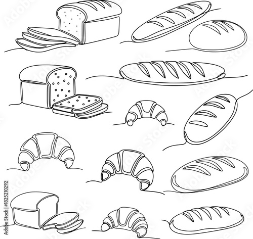set of bread linear silhouette of different types of bread
