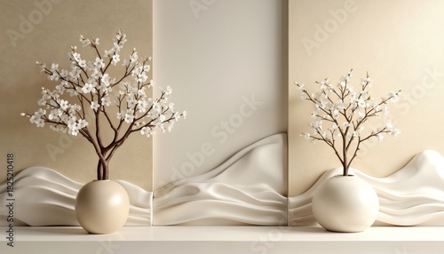 Photo features white blossoms in vases. Blossoms stand against beige backdrop with 3D elements. Aesthetic floral arrangement creates minimalist zen like feel. Art photo fits modern home decor trends.