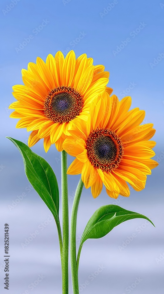 Obraz premium Two vibrant yellow sunflowers with dark centers and green leaves bloom against a soft, gradient blue sky. The lighting is bright and natural, creating a cheerfu