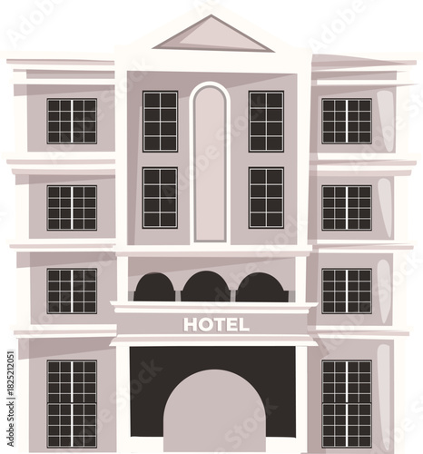 Elegant hotel building illustration, depicting a classic guesthouse or apartment block with multiple windows and a grand entrance, perfect for hospitality and travel themes