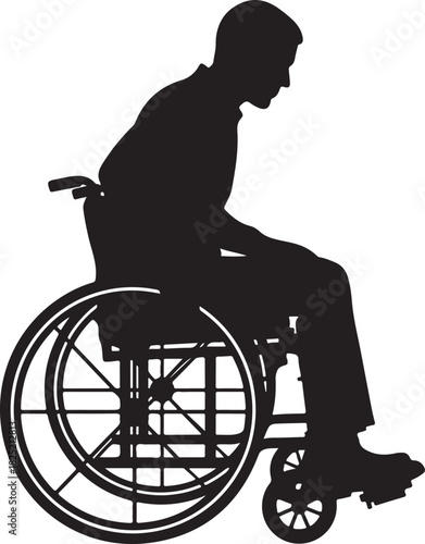  Silhouette of a person in a wheelchair, depicting disability, mobility challenges, and the need for accessibility. A graphic illustration of a wheelchair user, patient, or handicapped individual