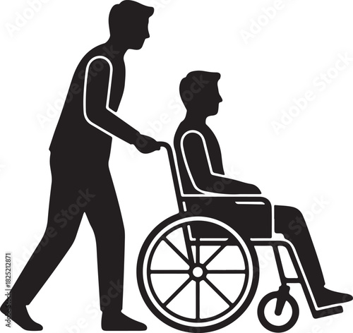 Silhouette of a person pushing a wheelchair, symbolizing care, assistance, and support for disabled individuals or patients needing mobility aid and accessibility