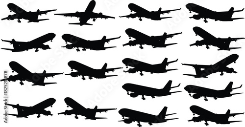 Airplane silhouettes, aircraft icons, aviation graphics, landing gear, flight symbols, black planes, commercial jets, vector transport, air travel, isolated