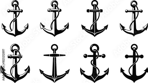 Anchor icons, nautical symbols, marine design, black silhouette, rope detail, maritime theme, tattoo style, bold graphic, ocean concept, vector art