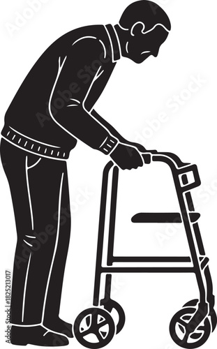 Elderly Man Using Walker Silhouette Icon - Senior Male with Mobility Aid for Old Age Support.